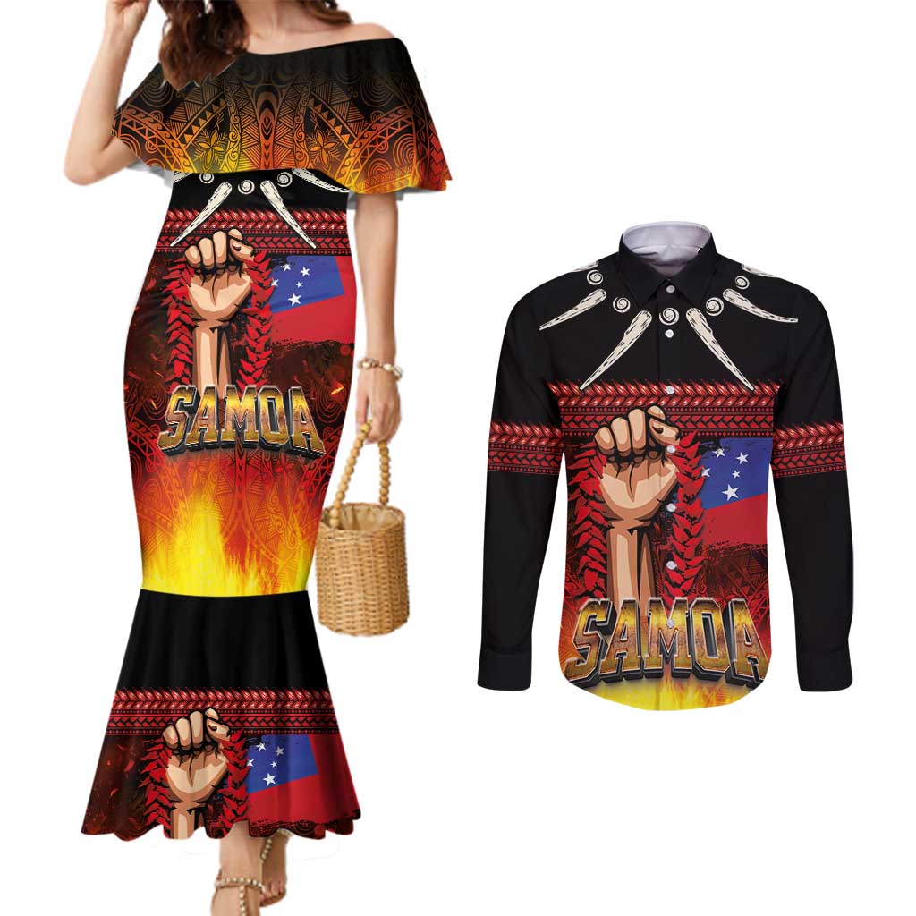 Personalised Samoan Spirit - Samoa Tribal Heritage Couples Matching Mermaid Dress and Long Sleeve Button Shirt LT03 Black - Polynesian Pride