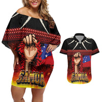 Personalised Samoan Spirit - Samoa Tribal Heritage Couples Matching Off Shoulder Short Dress and Hawaiian Shirt LT03 Black - Polynesian Pride