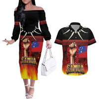 Personalised Samoan Spirit - Samoa Tribal Heritage Couples Matching Off The Shoulder Long Sleeve Dress and Hawaiian Shirt LT03 Black - Polynesian Pride