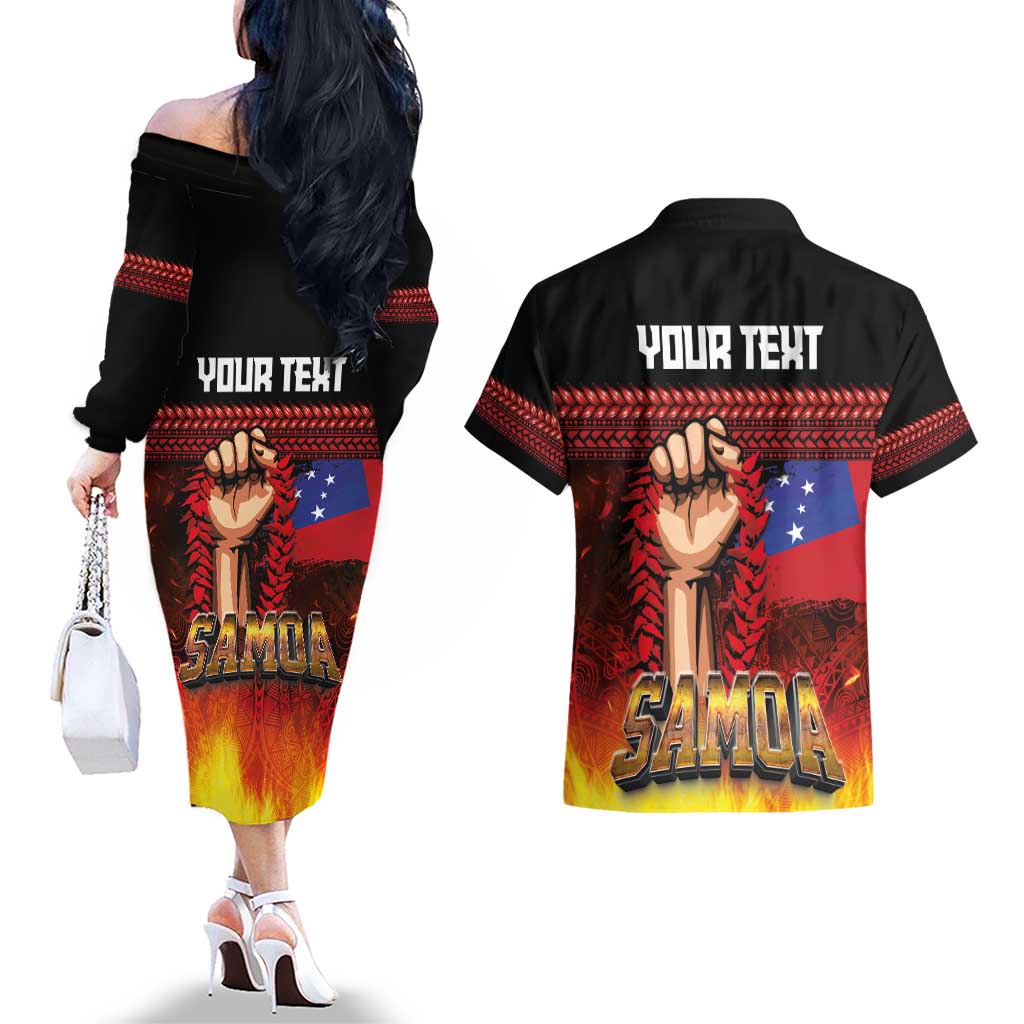 Personalised Samoan Spirit - Samoa Tribal Heritage Couples Matching Off The Shoulder Long Sleeve Dress and Hawaiian Shirt LT03 - Polynesian Pride