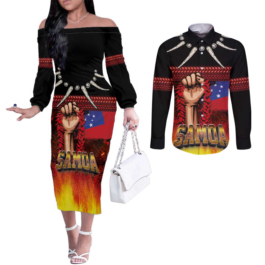 Personalised Samoan Spirit - Samoa Tribal Heritage Couples Matching Off The Shoulder Long Sleeve Dress and Long Sleeve Button Shirt LT03 Black - Polynesian Pride
