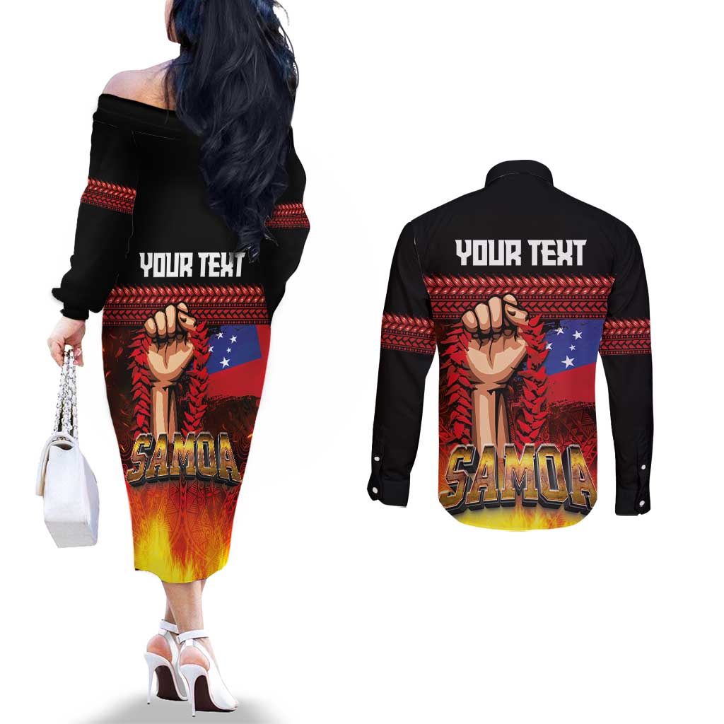 Personalised Samoan Spirit - Samoa Tribal Heritage Couples Matching Off The Shoulder Long Sleeve Dress and Long Sleeve Button Shirt LT03 - Polynesian Pride