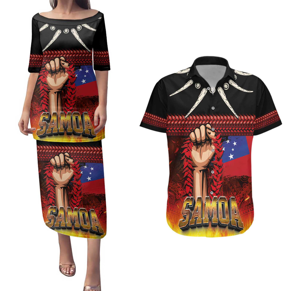 Personalised Samoan Spirit - Samoa Tribal Heritage Couples Matching Puletasi and Hawaiian Shirt