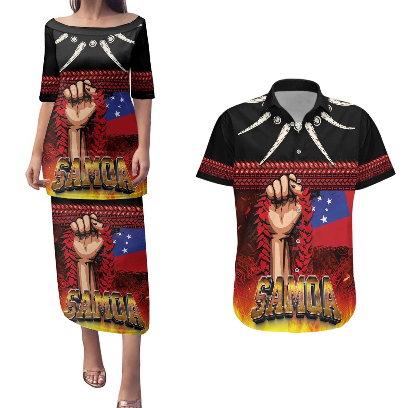 Personalised Samoan Spirit - Samoa Tribal Heritage Couples Matching Puletasi and Hawaiian Shirt