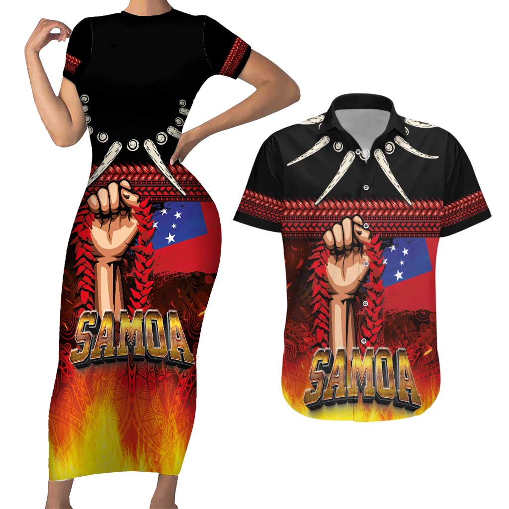 Personalised Samoan Spirit - Samoa Tribal Heritage Couples Matching Short Sleeve Bodycon Dress and Hawaiian Shirt LT03 Black - Polynesian Pride