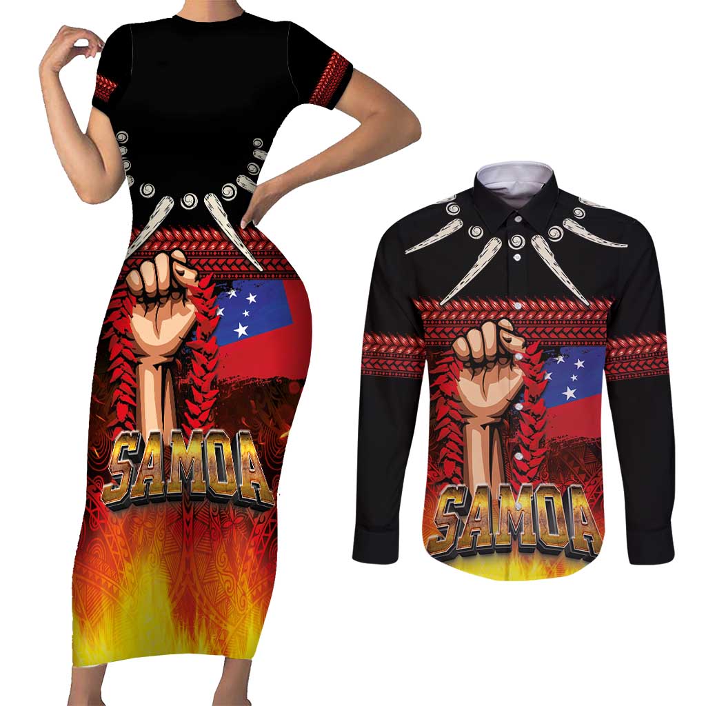 Personalised Samoan Spirit - Samoa Tribal Heritage Couples Matching Short Sleeve Bodycon Dress and Long Sleeve Button Shirt LT03 Black - Polynesian Pride