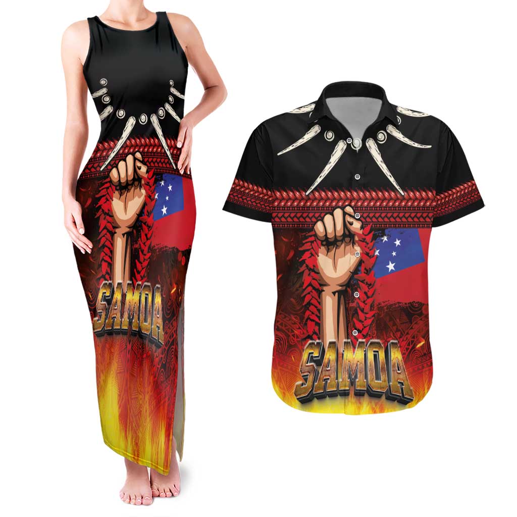 Personalised Samoan Spirit - Samoa Tribal Heritage Couples Matching Tank Maxi Dress and Hawaiian Shirt LT03 Black - Polynesian Pride
