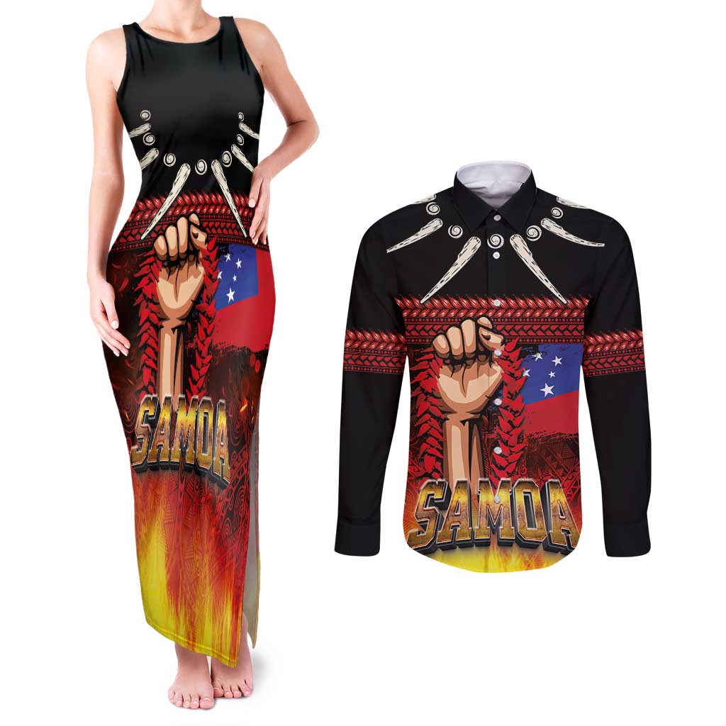 Personalised Samoan Spirit - Samoa Tribal Heritage Couples Matching Tank Maxi Dress and Long Sleeve Button Shirt LT03 Black - Polynesian Pride