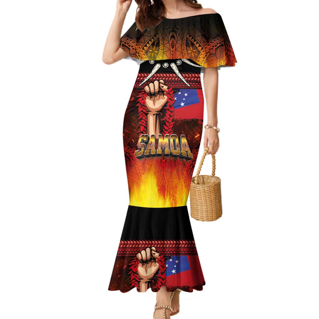 Personalised Samoan Spirit - Samoa Tribal Heritage Family Matching Mermaid Dress and Hawaiian Shirt LT03 Mom's Dress Black - Polynesian Pride
