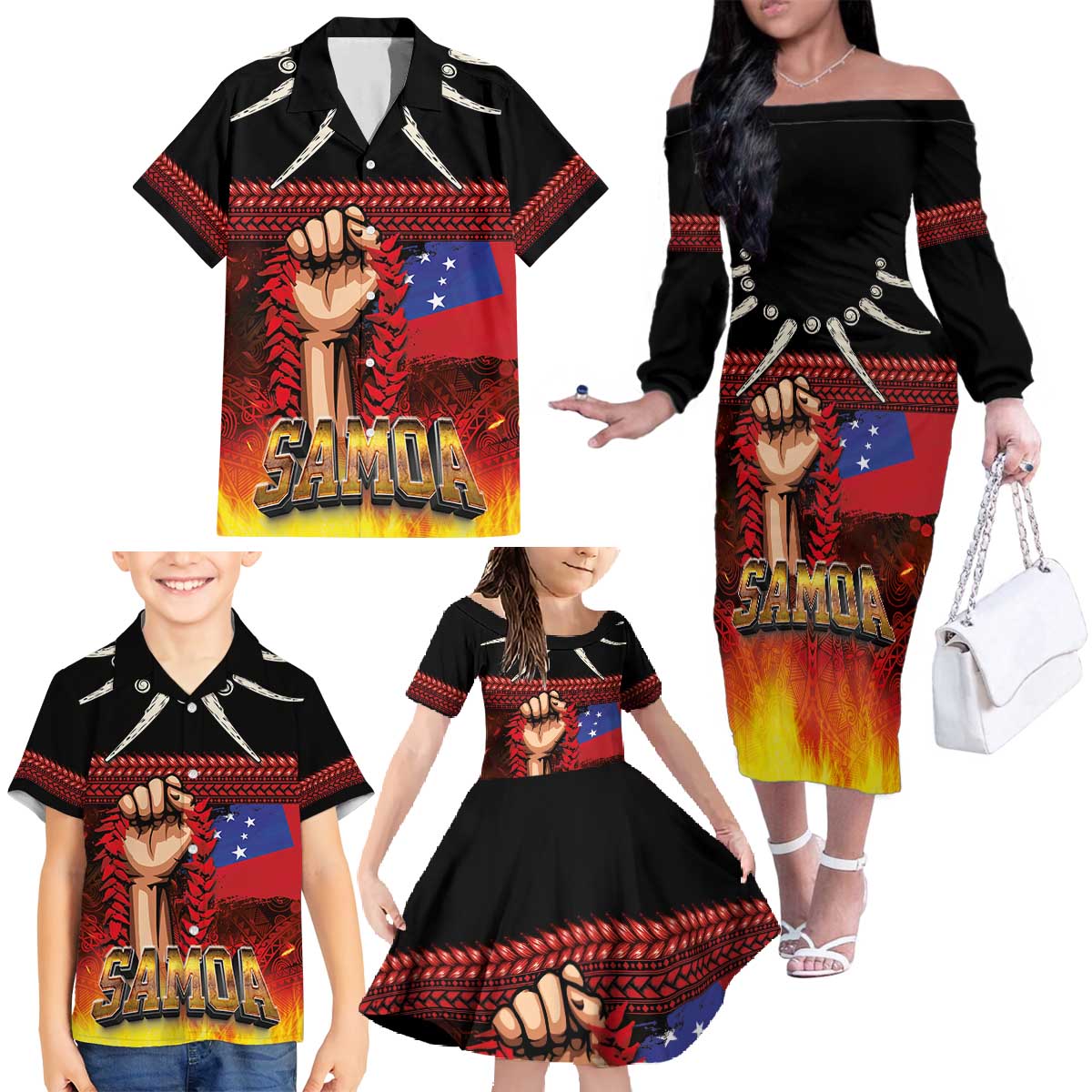 Personalised Samoan Spirit - Samoa Tribal Heritage Family Matching Off The Shoulder Long Sleeve Dress and Hawaiian Shirt LT03 - Polynesian Pride