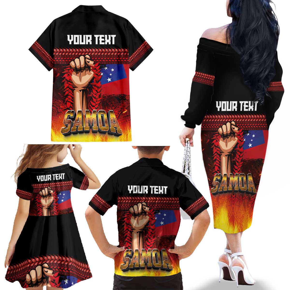 Personalised Samoan Spirit - Samoa Tribal Heritage Family Matching Off The Shoulder Long Sleeve Dress and Hawaiian Shirt LT03 - Polynesian Pride