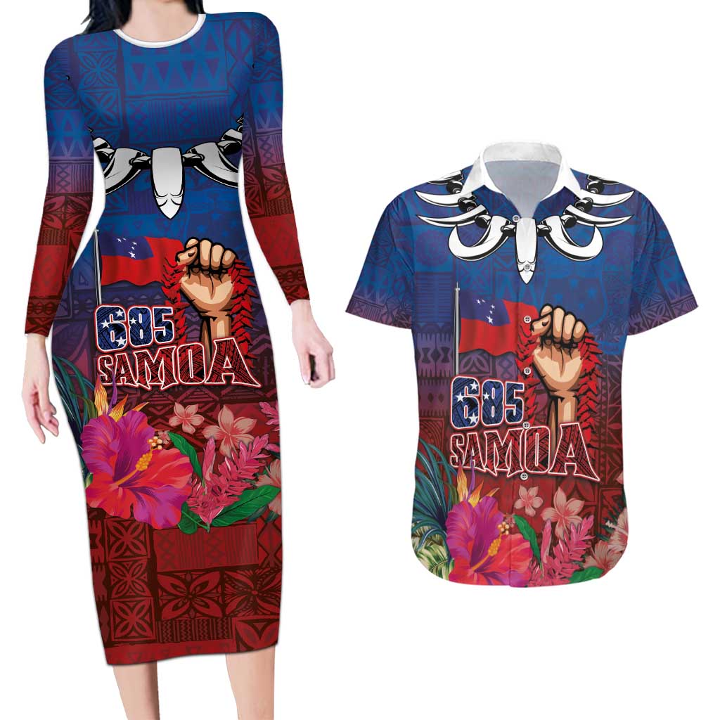 Proud of Samoa Couples Matching Long Sleeve Bodycon Dress and Hawaiian Shirt Ula Nifo with Samoa 685 and Hibiscus Tapa Tribal Pattern LT03 Blue - Polynesian Pride