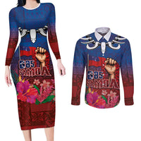 Proud of Samoa Couples Matching Long Sleeve Bodycon Dress and Long Sleeve Button Shirt Ula Nifo with Samoa 685 and Hibiscus Tapa Tribal Pattern LT03 Blue - Polynesian Pride