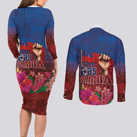 Proud of Samoa Couples Matching Long Sleeve Bodycon Dress and Long Sleeve Button Shirt Ula Nifo with Samoa 685 and Hibiscus Tapa Tribal Pattern LT03 - Polynesian Pride
