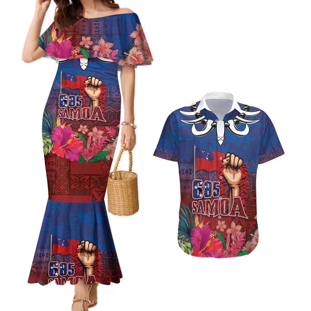 Proud of Samoa Couples Matching Mermaid Dress and Hawaiian Shirt Ula Nifo with Samoa 685 and Hibiscus Tapa Tribal Pattern LT03 Blue - Polynesian Pride