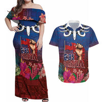 Proud of Samoa Couples Matching Off Shoulder Maxi Dress and Hawaiian Shirt Ula Nifo with Samoa 685 and Hibiscus Tapa Tribal Pattern LT03 Blue - Polynesian Pride