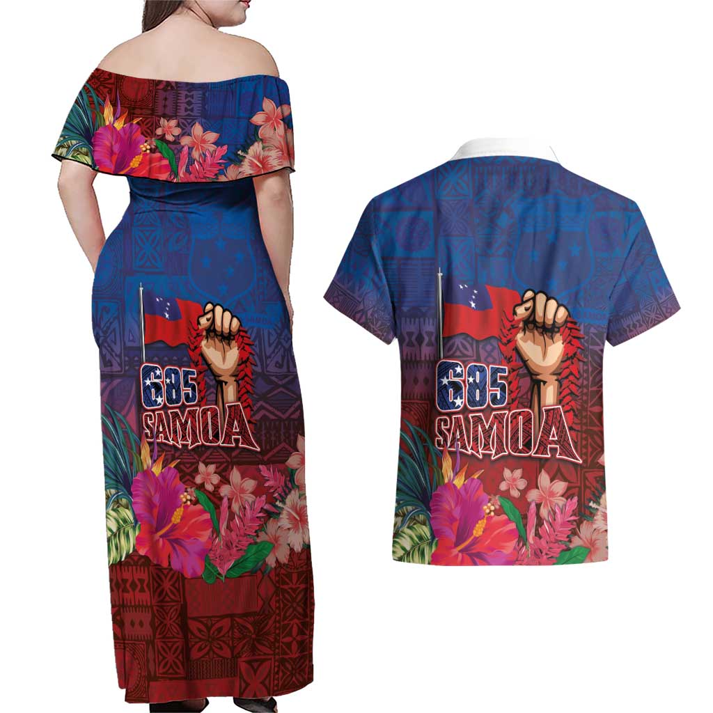 Proud of Samoa Couples Matching Off Shoulder Maxi Dress and Hawaiian Shirt Ula Nifo with Samoa 685 and Hibiscus Tapa Tribal Pattern LT03 - Polynesian Pride