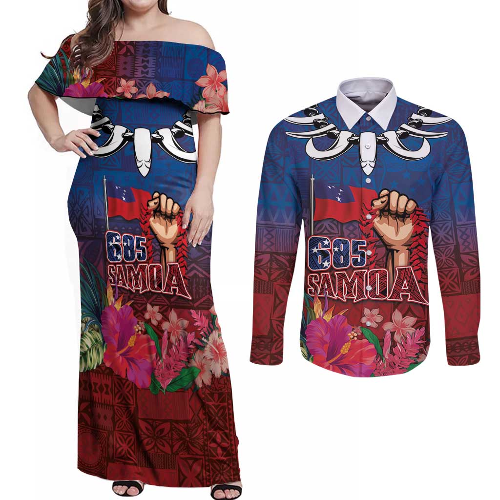 Proud of Samoa Couples Matching Off Shoulder Maxi Dress and Long Sleeve Button Shirt Ula Nifo with Samoa 685 and Hibiscus Tapa Tribal Pattern LT03 Blue - Polynesian Pride
