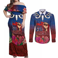 Proud of Samoa Couples Matching Off Shoulder Maxi Dress and Long Sleeve Button Shirt Ula Nifo with Samoa 685 and Hibiscus Tapa Tribal Pattern LT03 Blue - Polynesian Pride