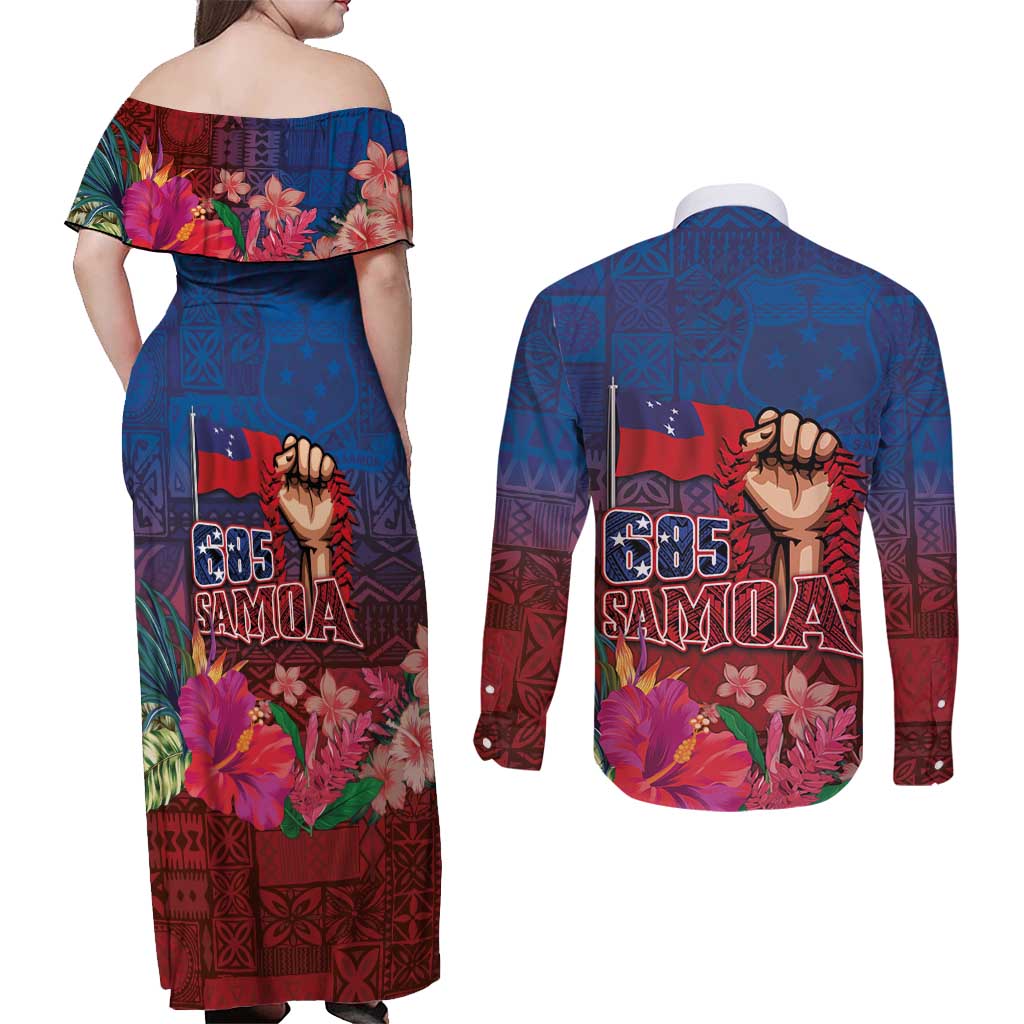 Proud of Samoa Couples Matching Off Shoulder Maxi Dress and Long Sleeve Button Shirt Ula Nifo with Samoa 685 and Hibiscus Tapa Tribal Pattern LT03 - Polynesian Pride