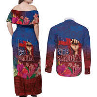 Proud of Samoa Couples Matching Off Shoulder Maxi Dress and Long Sleeve Button Shirt Ula Nifo with Samoa 685 and Hibiscus Tapa Tribal Pattern LT03 - Polynesian Pride