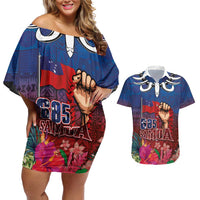 Proud of Samoa Couples Matching Off Shoulder Short Dress and Hawaiian Shirt Ula Nifo with Samoa 685 and Hibiscus Tapa Tribal Pattern LT03 Blue - Polynesian Pride