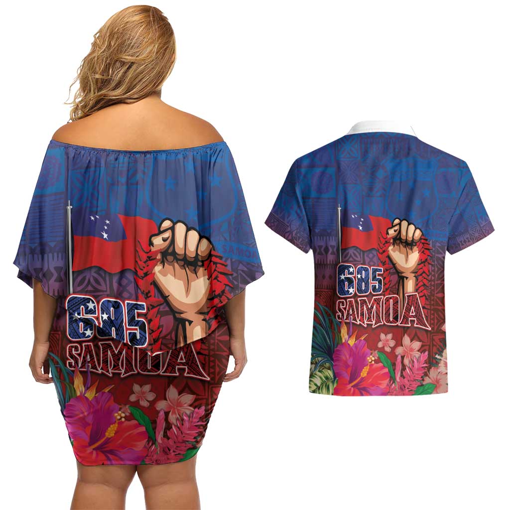 Proud of Samoa Couples Matching Off Shoulder Short Dress and Hawaiian Shirt Ula Nifo with Samoa 685 and Hibiscus Tapa Tribal Pattern LT03 - Polynesian Pride