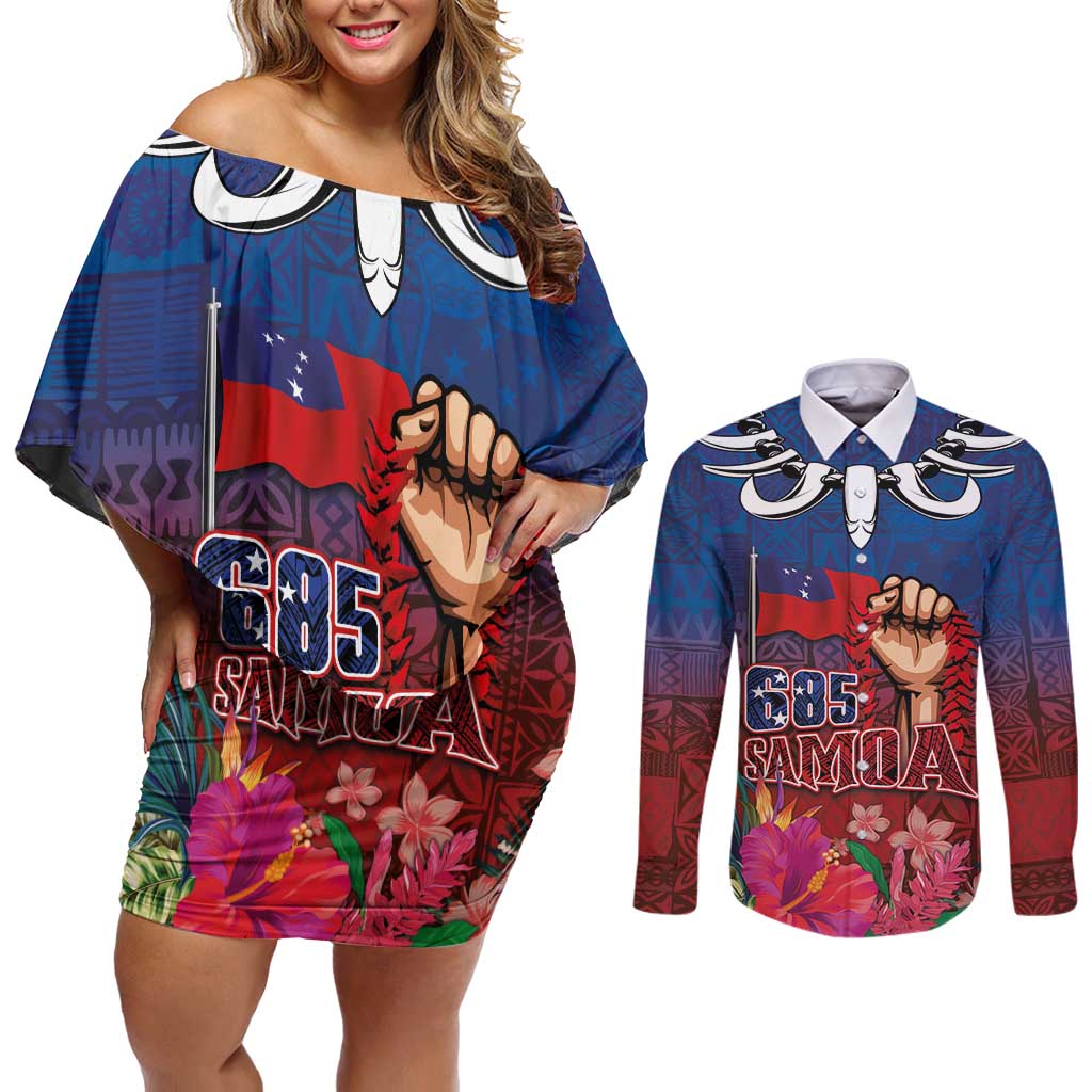 Proud of Samoa Couples Matching Off Shoulder Short Dress and Long Sleeve Button Shirt Ula Nifo with Samoa 685 and Hibiscus Tapa Tribal Pattern LT03 Blue - Polynesian Pride