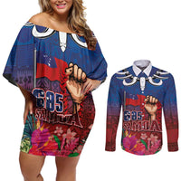 Proud of Samoa Couples Matching Off Shoulder Short Dress and Long Sleeve Button Shirt Ula Nifo with Samoa 685 and Hibiscus Tapa Tribal Pattern LT03 Blue - Polynesian Pride