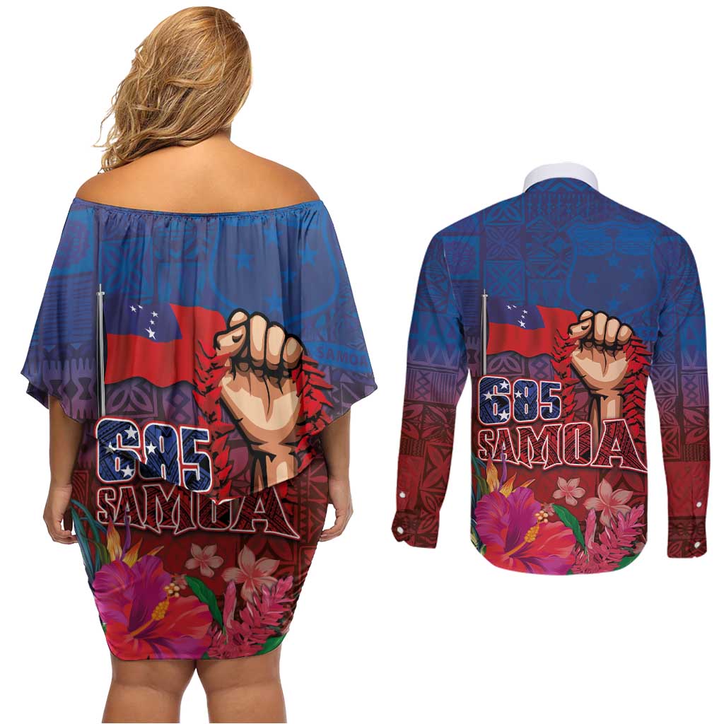 Proud of Samoa Couples Matching Off Shoulder Short Dress and Long Sleeve Button Shirt Ula Nifo with Samoa 685 and Hibiscus Tapa Tribal Pattern LT03 - Polynesian Pride
