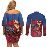 Proud of Samoa Couples Matching Off Shoulder Short Dress and Long Sleeve Button Shirt Ula Nifo with Samoa 685 and Hibiscus Tapa Tribal Pattern LT03 - Polynesian Pride