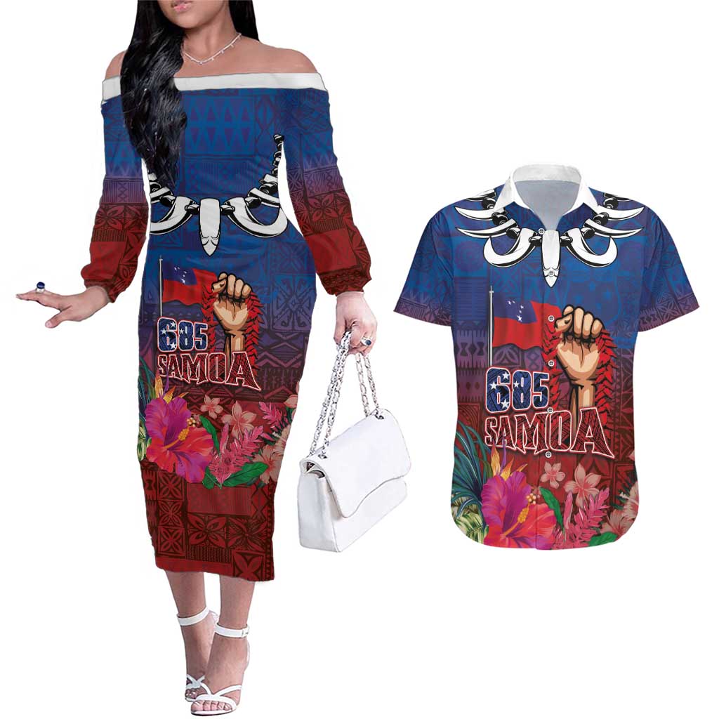 Proud of Samoa Couples Matching Off The Shoulder Long Sleeve Dress and Hawaiian Shirt Ula Nifo with Samoa 685 and Hibiscus Tapa Tribal Pattern LT03 Blue - Polynesian Pride
