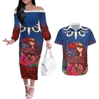 Proud of Samoa Couples Matching Off The Shoulder Long Sleeve Dress and Hawaiian Shirt Ula Nifo with Samoa 685 and Hibiscus Tapa Tribal Pattern LT03 Blue - Polynesian Pride