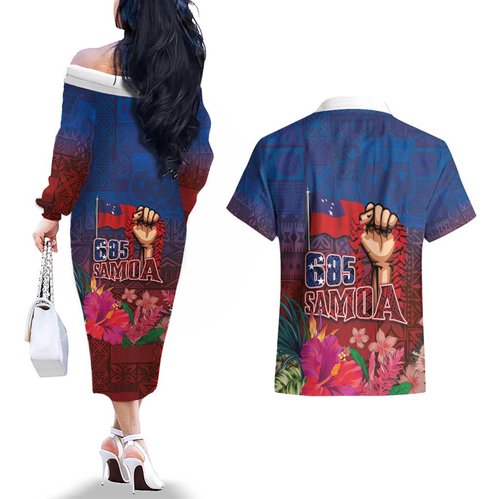 Proud of Samoa Couples Matching Off The Shoulder Long Sleeve Dress and Hawaiian Shirt Ula Nifo with Samoa 685 and Hibiscus Tapa Tribal Pattern LT03 - Polynesian Pride