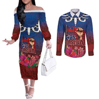Proud of Samoa Couples Matching Off The Shoulder Long Sleeve Dress and Long Sleeve Button Shirt Ula Nifo with Samoa 685 and Hibiscus Tapa Tribal Pattern LT03 Blue - Polynesian Pride