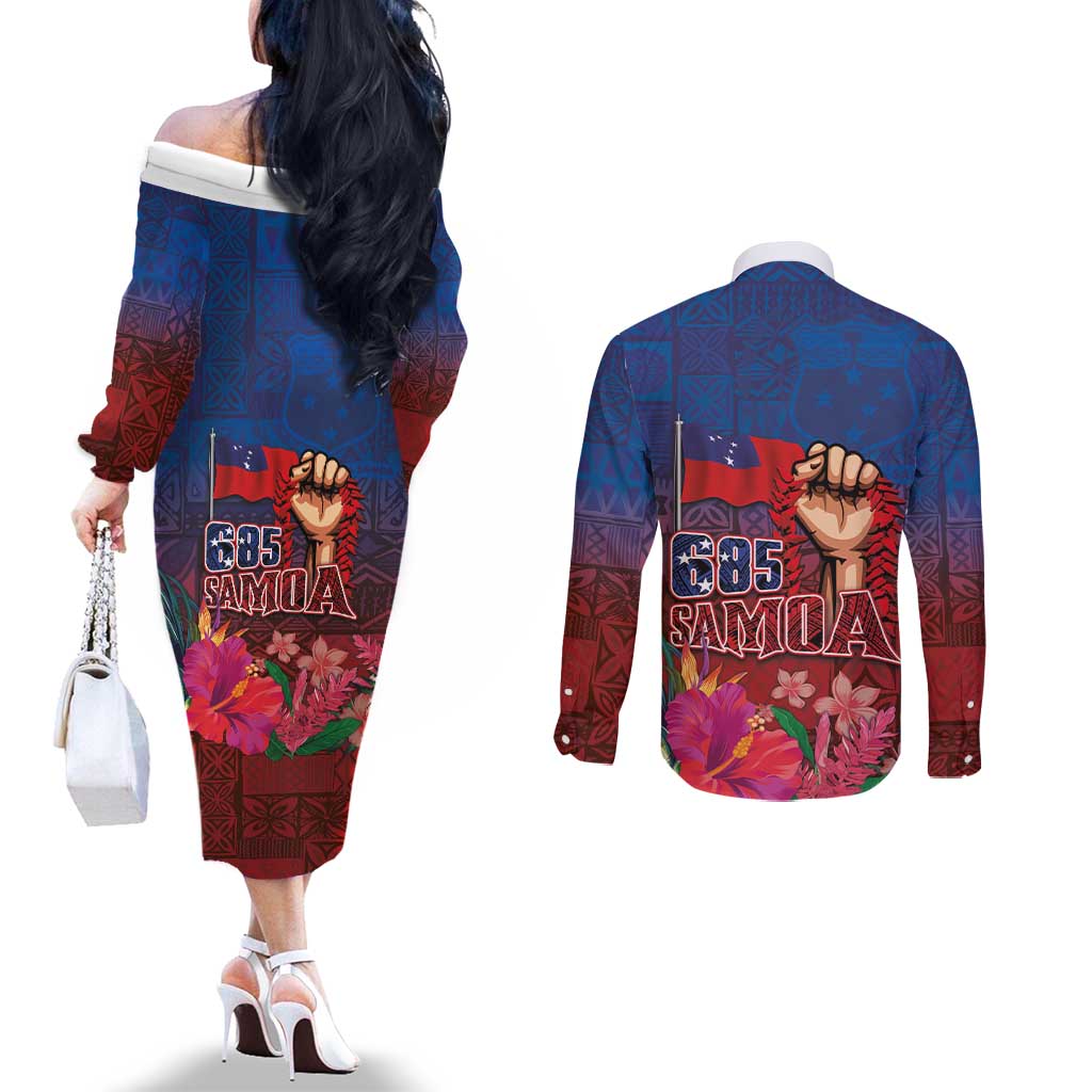 Proud of Samoa Couples Matching Off The Shoulder Long Sleeve Dress and Long Sleeve Button Shirt Ula Nifo with Samoa 685 and Hibiscus Tapa Tribal Pattern LT03 - Polynesian Pride