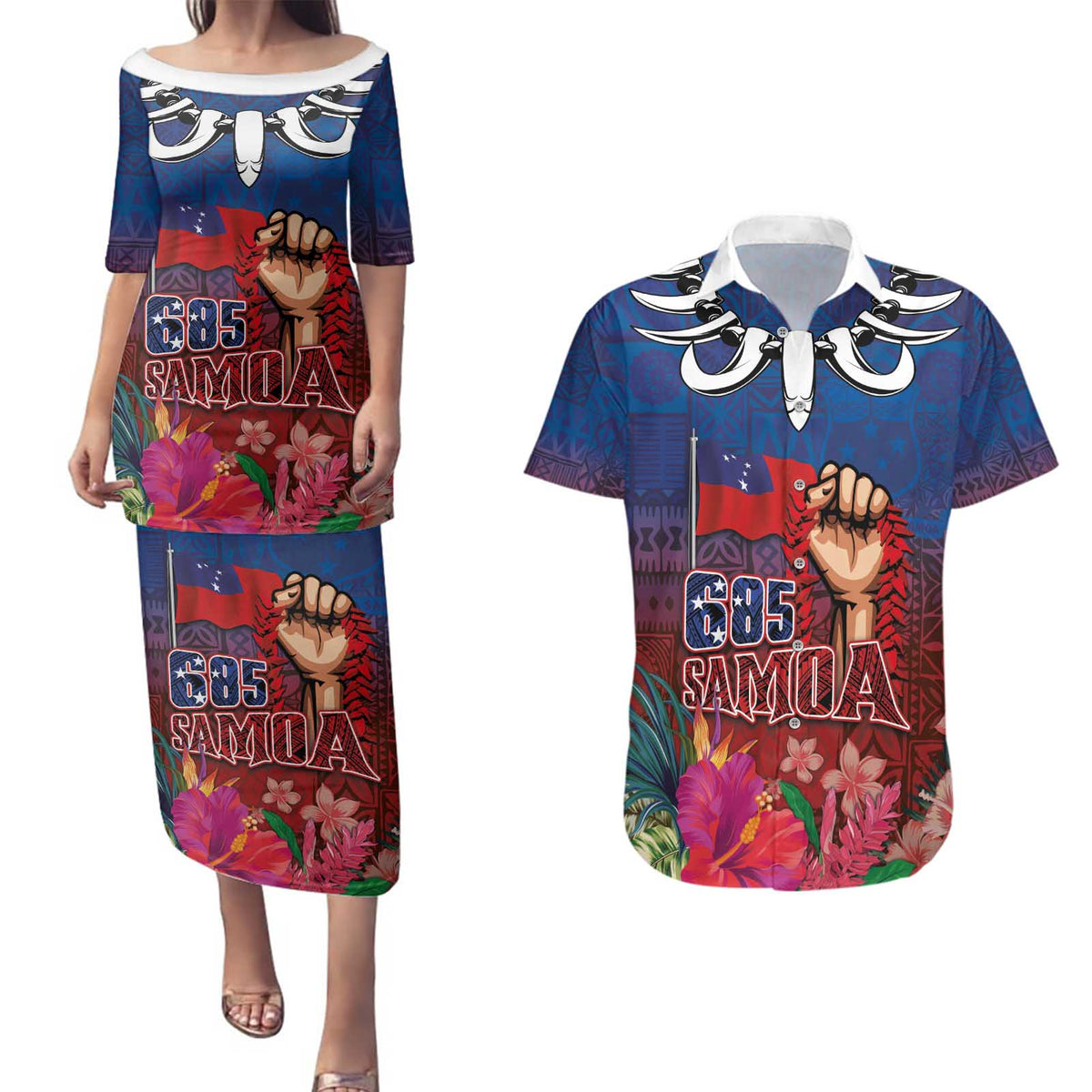 Proud of Samoa Couples Matching Puletasi and Hawaiian Shirt Ula Nifo with Samoa 685 and Hibiscus Tapa Tribal Pattern LT03 Blue - Polynesian Pride