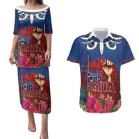 Proud of Samoa Couples Matching Puletasi and Hawaiian Shirt Ula Nifo with Samoa 685 and Hibiscus Tapa Tribal Pattern LT03 Blue - Polynesian Pride