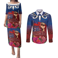 Proud of Samoa Couples Matching Puletasi and Long Sleeve Button Shirt Ula Nifo with Samoa 685 and Hibiscus Tapa Tribal Pattern LT03 Blue - Polynesian Pride