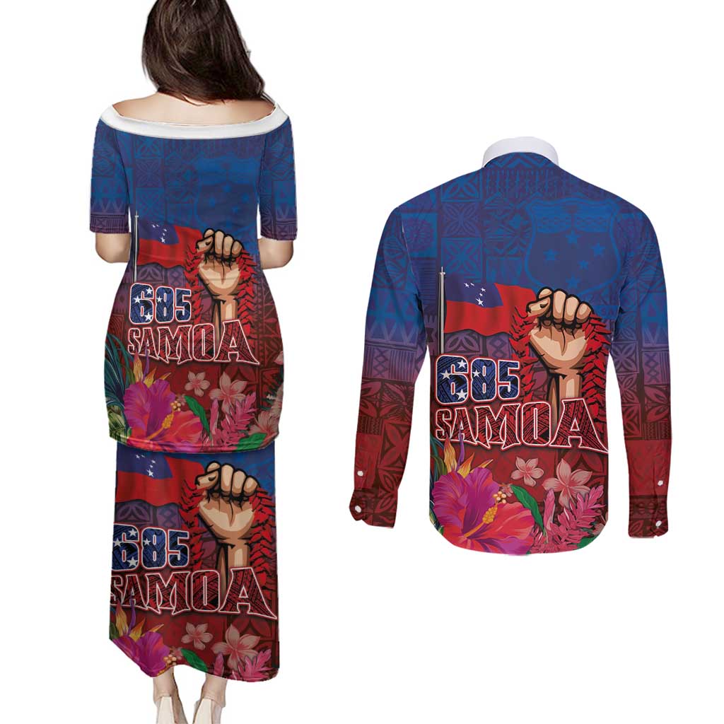 Proud of Samoa Couples Matching Puletasi and Long Sleeve Button Shirt Ula Nifo with Samoa 685 and Hibiscus Tapa Tribal Pattern LT03 - Polynesian Pride