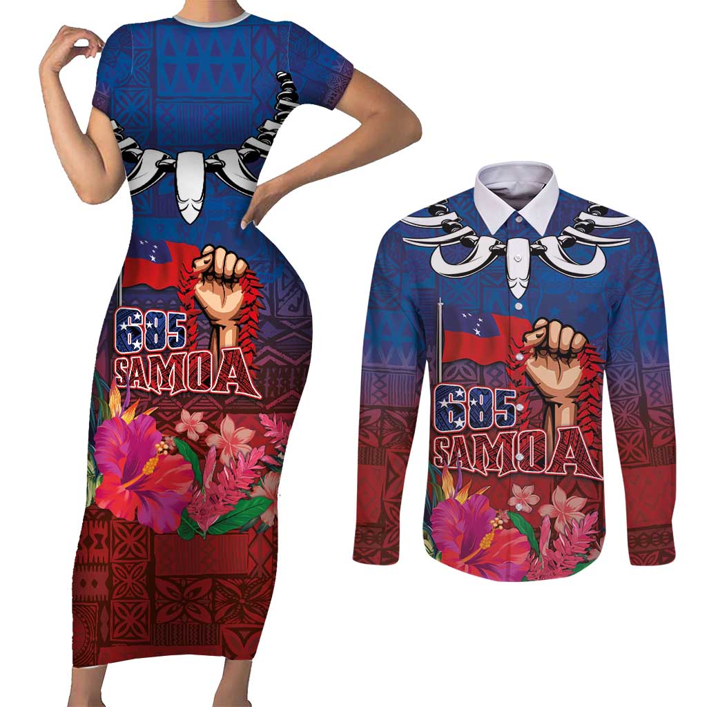 Proud of Samoa Couples Matching Short Sleeve Bodycon Dress and Long Sleeve Button Shirt Ula Nifo with Samoa 685 and Hibiscus Tapa Tribal Pattern LT03 Blue - Polynesian Pride