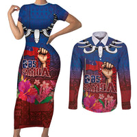 Proud of Samoa Couples Matching Short Sleeve Bodycon Dress and Long Sleeve Button Shirt Ula Nifo with Samoa 685 and Hibiscus Tapa Tribal Pattern LT03 Blue - Polynesian Pride