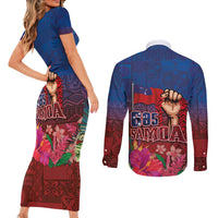 Proud of Samoa Couples Matching Short Sleeve Bodycon Dress and Long Sleeve Button Shirt Ula Nifo with Samoa 685 and Hibiscus Tapa Tribal Pattern LT03 - Polynesian Pride