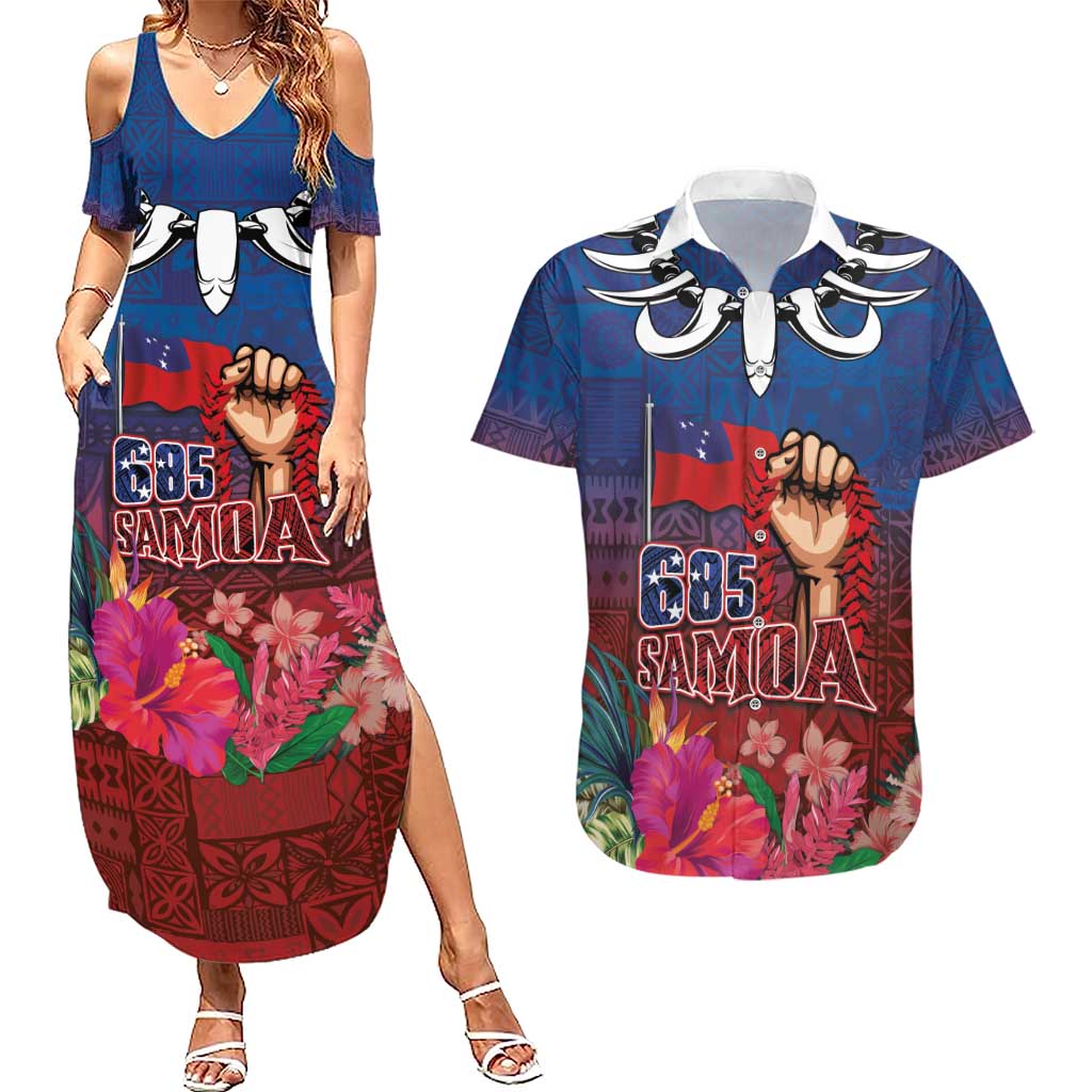 Proud of Samoa Couples Matching Summer Maxi Dress and Hawaiian Shirt Ula Nifo with Samoa 685 and Hibiscus Tapa Tribal Pattern LT03 Blue - Polynesian Pride