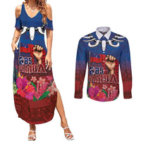 Proud of Samoa Couples Matching Summer Maxi Dress and Long Sleeve Button Shirt Ula Nifo with Samoa 685 and Hibiscus Tapa Tribal Pattern LT03 Blue - Polynesian Pride