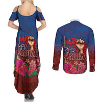 Proud of Samoa Couples Matching Summer Maxi Dress and Long Sleeve Button Shirt Ula Nifo with Samoa 685 and Hibiscus Tapa Tribal Pattern LT03 - Polynesian Pride