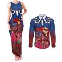 Proud of Samoa Couples Matching Tank Maxi Dress and Long Sleeve Button Shirt Ula Nifo with Samoa 685 and Hibiscus Tapa Tribal Pattern LT03 Blue - Polynesian Pride