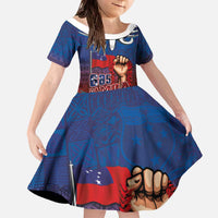 Proud of Samoa Family Matching Off The Shoulder Long Sleeve Dress and Hawaiian Shirt Ula Nifo with Samoa 685 and Hibiscus Tapa Tribal Pattern LT03 Daughter's Dress Blue - Polynesian Pride