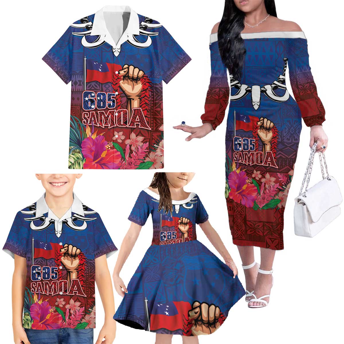 Proud of Samoa Family Matching Off The Shoulder Long Sleeve Dress and Hawaiian Shirt Ula Nifo with Samoa 685 and Hibiscus Tapa Tribal Pattern LT03 - Polynesian Pride