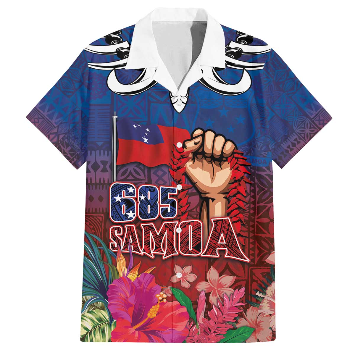 Proud of Samoa Family Matching Off The Shoulder Long Sleeve Dress and Hawaiian Shirt Ula Nifo with Samoa 685 and Hibiscus Tapa Tribal Pattern LT03 Dad's Shirt - Short Sleeve Blue - Polynesian Pride